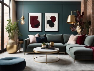 "Luxury Modern Living Room with Gold Lighting and Velvet Green Sofa"