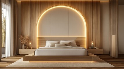 Minimalist Bedroom Interior with Wooden Walls and a Platform Bed