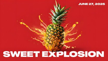 Pineapple juice explosion on red background