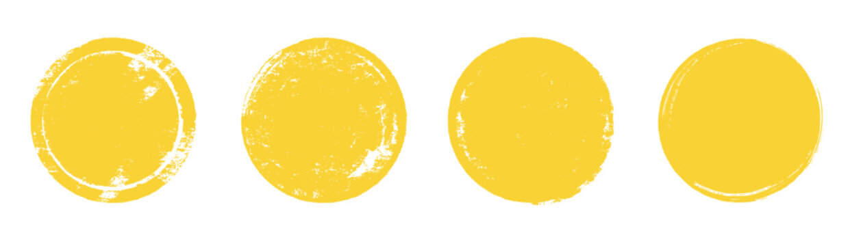 Yellow sun brush stamp watercolor paint shape sets. Hand drawn rough yellow circle shape ink brush stroke texture. Grunge circular rough badge background element pack. Vector illustration