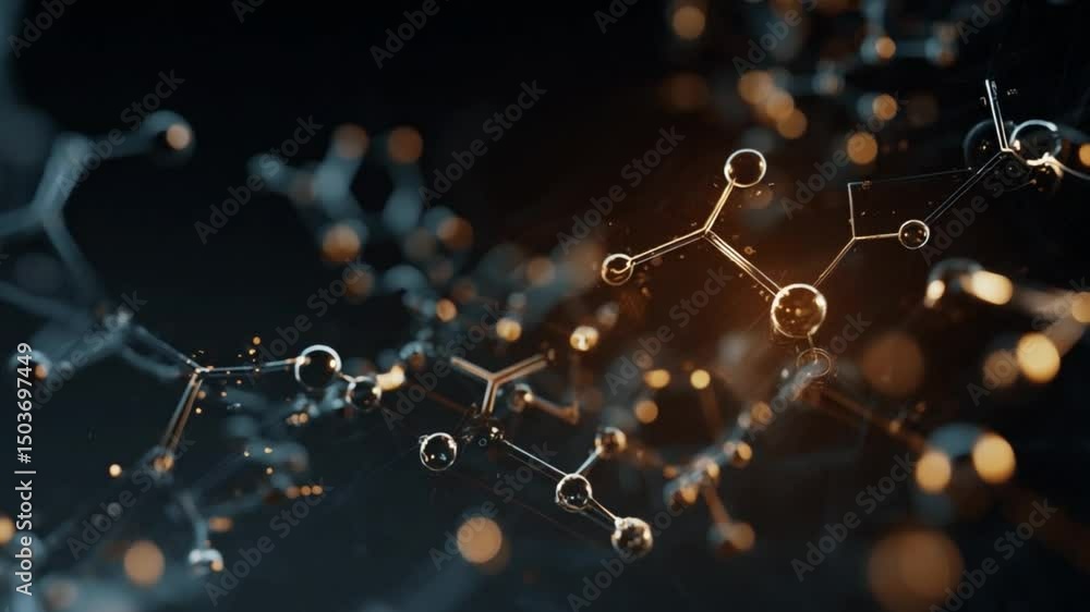 Poster abstract representation of molecular structures with glowing particles on a dark background for scie