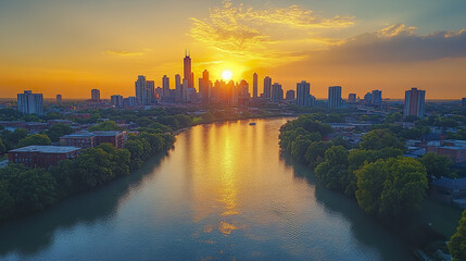 Naklejka premium stunning urban skyline along river bend at sunset, showcasing vibrant colors and reflections