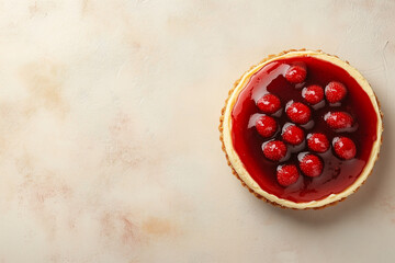 Overhead view of strawberry cheesecake with red topping on textured beige surface.
