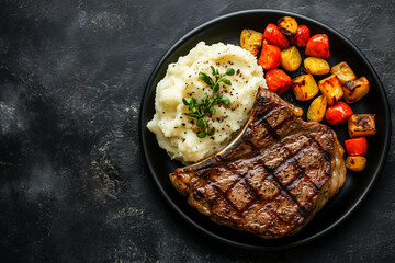 Top view of a grilled steak served with mashed potatoes and colorful roasted vegetables on black plate.
