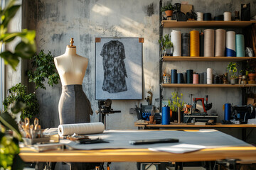 Stylish fashion studio with tailoring equipment, mannequin, fabrics, and natural lighting.