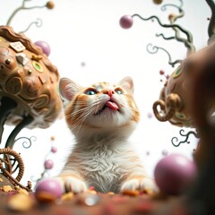 A sharp focus Tabby cat with raised paws against a blurred bokeh effect background, with generative ai