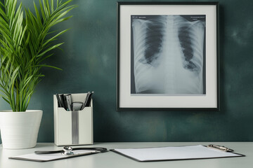 Clean consulting space with stethoscope, blank forms, and framed chest x-ray.