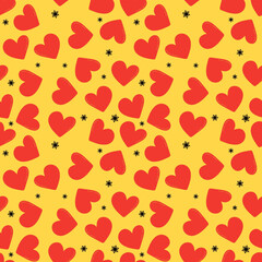 Hearts and Stars on Yellow. Retro Love Hearts Seamless Design. Pop Art Funky Love Heart Pattern. 