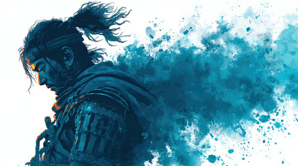 Watercolor painting of ancient warrior with ponytail, blue armor, and emotional expression