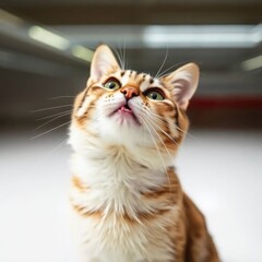 A sharp focus Tabby cat with raised paws against a blurred bokeh effect background, with generative ai