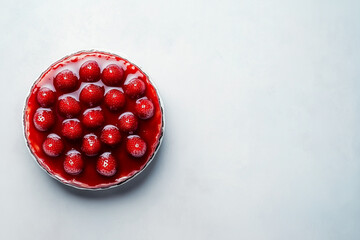 High-angle shot of a strawberry tart with vibrant red glaze on a light background.