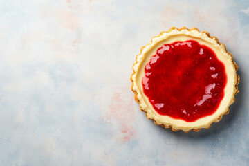 Overhead image of cheesecake with strawberry jam topping on a soft pastel surface.