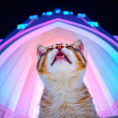 A sharp focus Tabby cat with raised paws against a blurred bokeh effect background, with generative ai