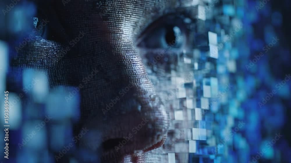 Poster close-up of a human face with digital texture and abstract background featuring futuristic technolog