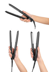 Hand holding hair straightener on white background