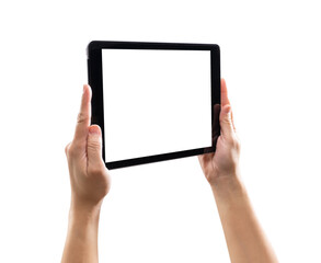 Hand holding digital tablet with blank screen isolated on white background