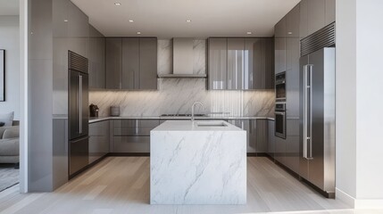 Modern Kitchen with Marble Island and Stainless Steel Appliances