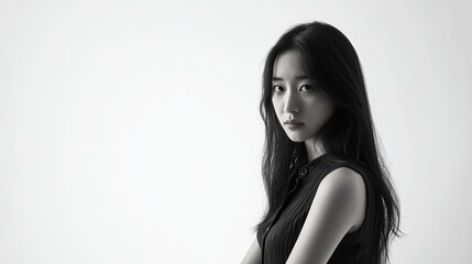 Young beautiful woman with long hair posing in sleeveless top, arms visible, looking directly at camera. Natural light highlights skin texture, pores, and raw quality.