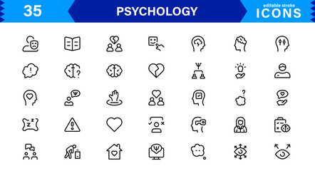 Professional Psychology Icon Set Featuring Mental Health, Therapy, Brain, Emotion, and Cognitive Elements in Clean Minimal Vector Illustration Style