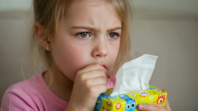 Young girl holding tissue box with worried expression indoors  