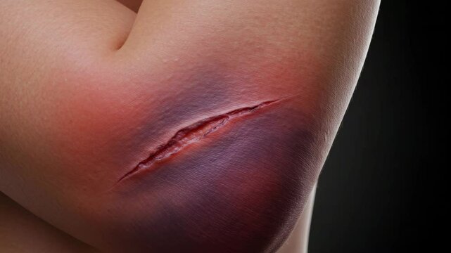 Injury on elbow showing bruise and cut against dark background -  