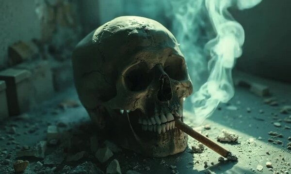 A skull with smoke and a cigarette, symbolizing mortality and existential themes.