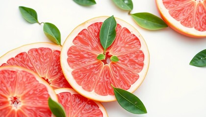 Slices of pink grapefruit with leaves, isolated on white,  diet, pink grapefruit
