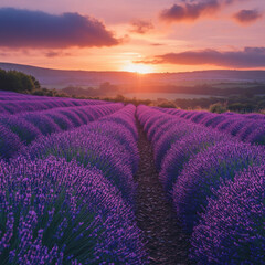 Obraz premium Sunset over lavender fields.