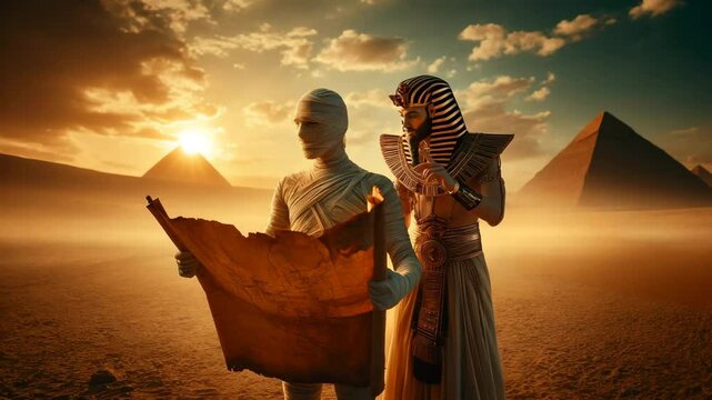 Two ancient figures studying a scroll in the desert near the pyramids at sunset.