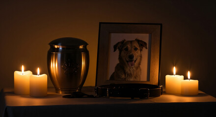 Dog memorial includes candles, mortuary urn, collar and cherished photograph. Pet loss remembrance features candles burning softly near urn, dog collar, and framed photo.  