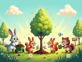 Fototapeta premium Happy Tree Planting: A cheerful illustration of cartoon animals planting a tree together, promoting environmental awareness and teamwork.