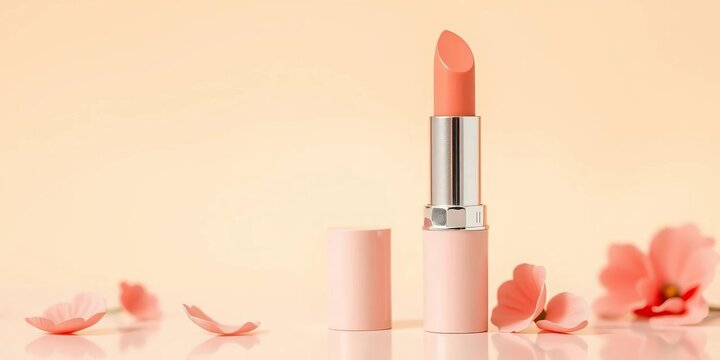 Soft peach lipstick tube, elegant pastel packaging, summer, soft