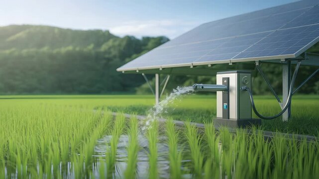 Solar Powered Irrigation System Watering Green Rice Field In Rural Area Promoting Sustainable Agriculture And Clean Energy
