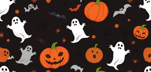Spooky Halloween vector seamless pattern featuring ghosts, pumpkins, bats, and spiders on a dark background, wizard, orange