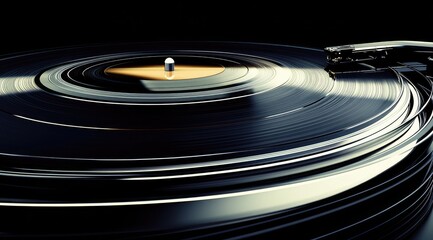 Close-up of a spinning vinyl record player.  Dark, metallic tones