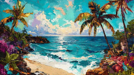 Fototapeta premium Vibrant coastal scene with palm trees and waves.