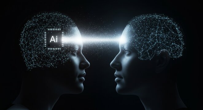Artificial Intelligence, Conceptual depiction of AI connecting with human minds using light beams and digital networks