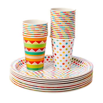 Themed paper party plates and cups stack on white background
