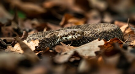 Obraz premium Detailed close-up of a viper blending seamlessly with autumn leaves