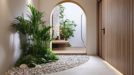 Modern Minimalist Courtyard with Stone and Plants