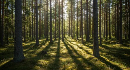 Fototapeta premium Sunlight Through Tall Evergreen Trees Creating Striking Shadow Patterns in Forest