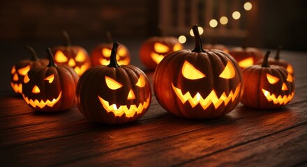 Spooky Halloween, A Collection of Glowing Jack-o'-Lanterns Displayed on Wood
