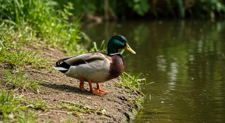 Obraz premium Vibrant plumage of a mallard duck resting at the edge of a tranquil pond