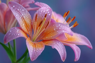 Naklejka premium Dew kissed pink and orange lily closeup