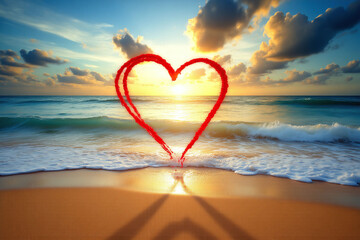 Fototapeta premium heart shaped object on the beach at sunset