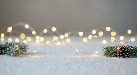 Festive Christmas lights and pine cones on a snowy surface create a winter wonderland scene