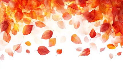 A cascade of vibrant autumn leaves, ranging from deep red to golden hues, falling against a bright white backdrop.  The image evokes a feeling of crisp air and seasonal change