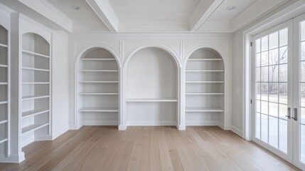 White Interior with Arched Bookcases and French Doors