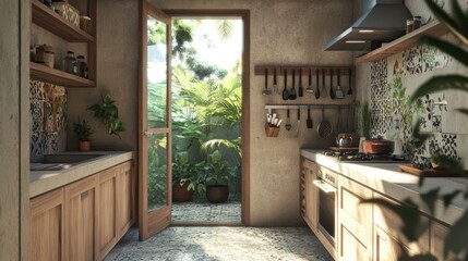 Modern Kitchen with Tropical Garden View