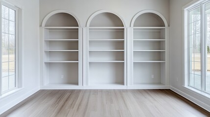 Modern White Bookshelves in a Bright Room